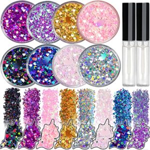 8 jars of cosmetic chunky glitter shimmer body face hair eye musical festival carnival dance halloween party beauty makeup temporary tattoos multicolored (80g/2.82oz) + quick dry glitter glue(10ml)