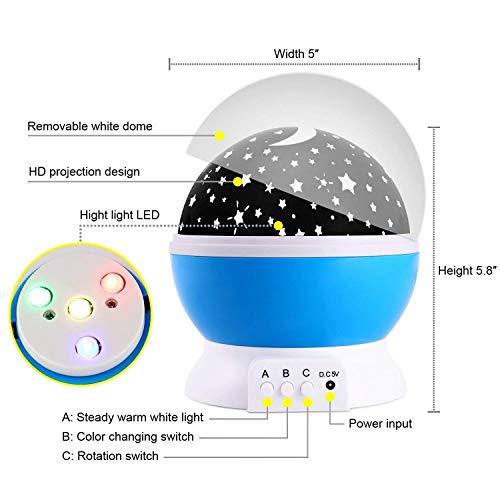 Luckkid Baby Night Light Moon Star Projector 360 Degree Rotation - 4 LED Bulbs 9 Light Color Changing with USB Cable, Unique Gifts for Men Women Kids Best Baby Gifts