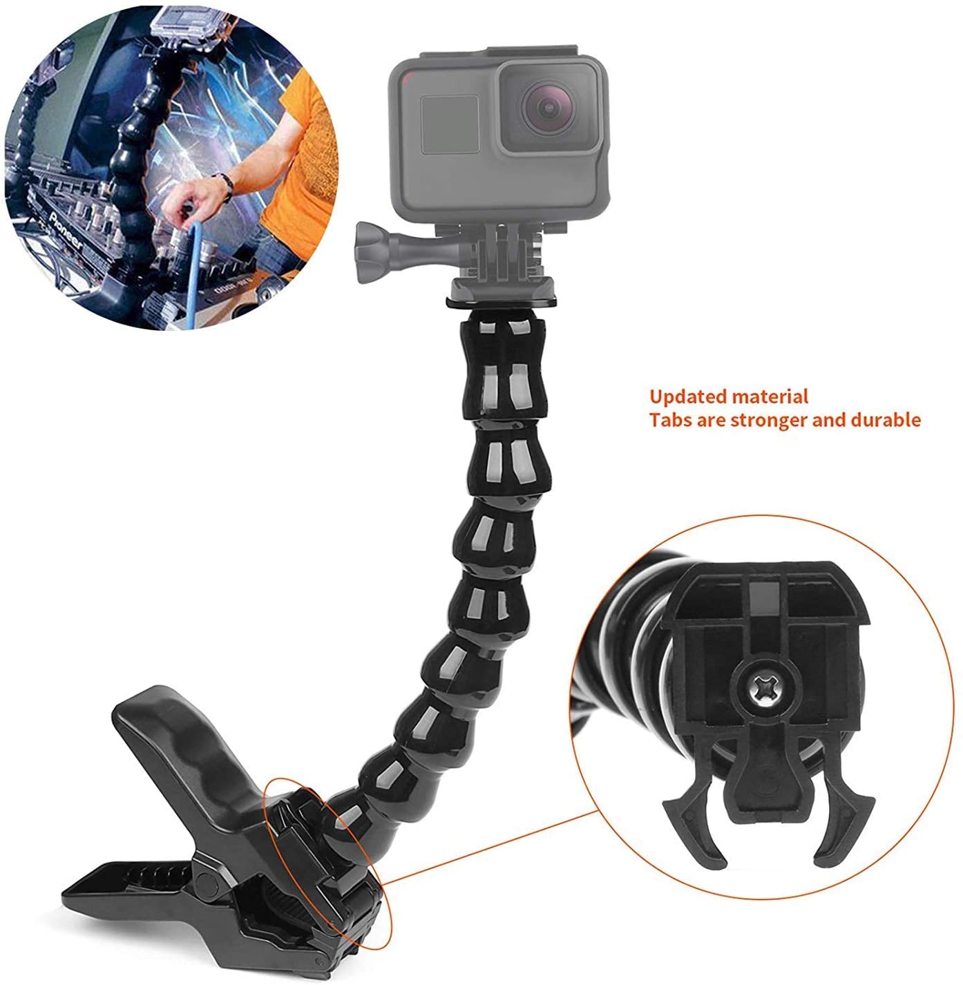 Jaw Flex Clamp Mount with Adjustable 8-Section Goose Neck Compatible with GoPro Hero (2018) GoPro Hero 7 6 5 4 3+ Session, Xiaomi Yi, Sjcam and Other Action Cameras