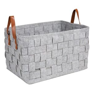 felt storage baskets organizer, home decoration fabric folding knitted organizers box cubes with leather handles (rectangle-lightgary)