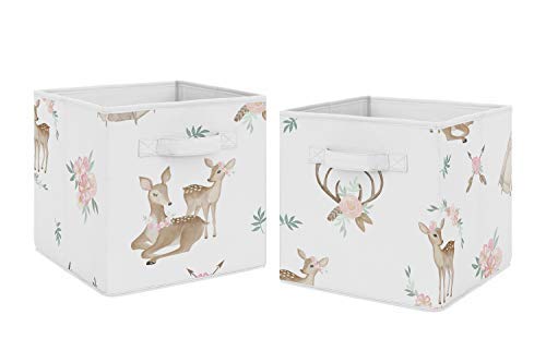 Sweet Jojo Designs Blush Pink, Mint Green and White Boho Organizer Storage Bins for Woodland Deer Floral Collection - Set of 2