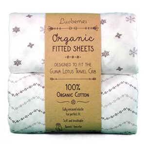 luvberries 100% organic cotton sheets for the guava lotus travel crib (set of 2) - baby and toddler, fitted crib sheets, for boys & girls (for the new 4 tab mattress only) (grey and white)