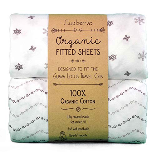 Luvberries 100% Organic Cotton Sheets for The Guava Lotus Travel Crib (Set of 2) - Baby and Toddler, Fitted Crib Sheets, for Boys & Girls (for The New 4 TAB Mattress ONLY) (Grey and White)