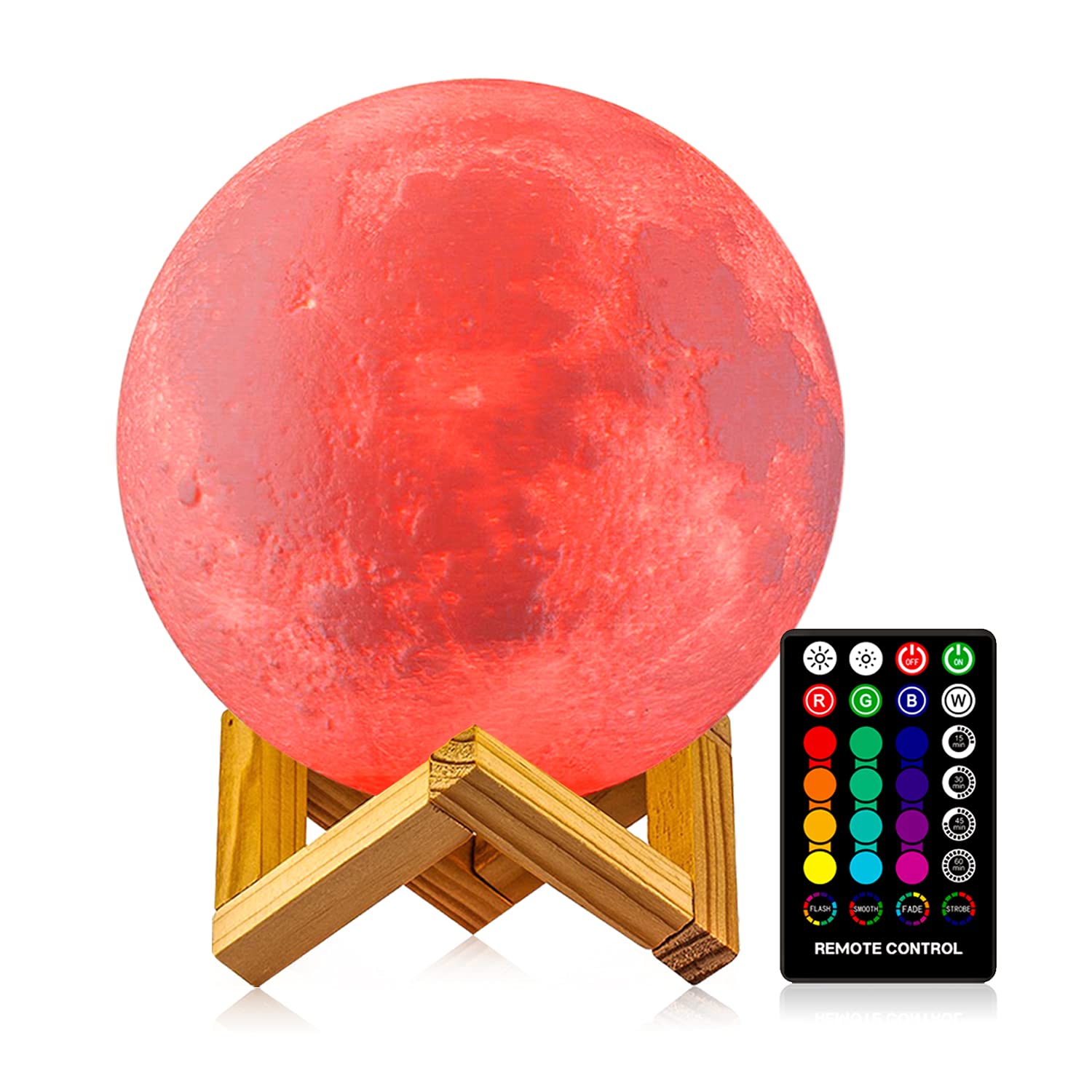 LOGROTATE Moon Lamp 16 Colors, Dimmable, Rechargeable Lunar Night Light (5.9 inch) Full Set with Wooden Stand, Remote & Touch Control - Cool Nursery Decor for Baby Kids Bedroom, Birthday Day Gifts