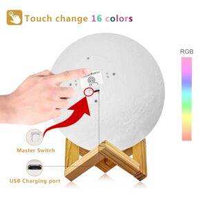 LOGROTATE Moon Lamp 16 Colors, Dimmable, Rechargeable Lunar Night Light (5.9 inch) Full Set with Wooden Stand, Remote & Touch Control - Cool Nursery Decor for Baby Kids Bedroom, Birthday Day Gifts