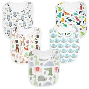 kiddystar premium organic cotton toddler bib, 5-pack extra large baby bibs, baby shower item for feeding, drooling, teething (dinos & whales)