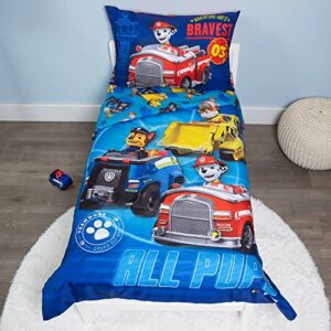 paw patrol calling all pups 4 piece toddler bedding set - includes quilted comforter, fitted sheet, top sheet, and pillow case for boys bed, blue