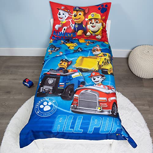 Paw Patrol Calling All Pups 4 Piece Toddler Bedding Set - Includes Quilted Comforter, Fitted Sheet, Top Sheet, and Pillow Case for Boys Bed, Blue