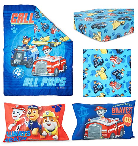 Paw Patrol Calling All Pups 4 Piece Toddler Bedding Set - Includes Quilted Comforter, Fitted Sheet, Top Sheet, and Pillow Case for Boys Bed, Blue