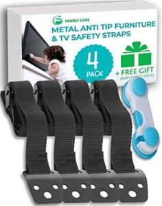 family care metal anti tip furniture straps/tv safety straps (4 pack+gift) kit -secure 400lb- earthquake straps for bookcases - furniture wall anchors for baby proofing - anti tip furniture anchors