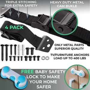 Family Care Metal Anti Tip Furniture Straps/TV Safety Straps (4 Pack+Gift) Kit -Secure 400lb- Earthquake Straps for Bookcases - Furniture Wall Anchors for Baby Proofing - Anti Tip Furniture Anchors