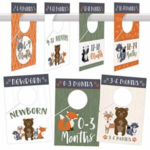 7 woodland baby nursery closet organizer dividers for girls or boys clothing, grey age size hanger organization for kid, toddler, infant, newborn clothes must have, shower gift supplies, 0-24 months