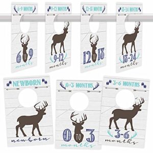 7 woodland baby nursery closet organizer dividers for boy clothing, blue deer age size hanger organization for kid toddler, infant newborn clothes must have, shower registry gift supplies, 0-24 months