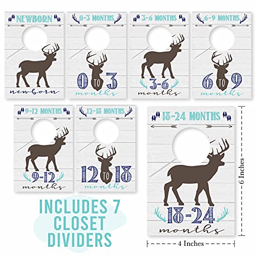 7 Woodland Baby Nursery Closet Organizer Dividers For Boy Clothing, Blue Deer Age Size Hanger Organization For Kid Toddler, Infant Newborn Clothes Must Have, Shower Registry Gift Supplies, 0-24 Months