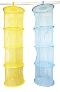 goldenvalueable hanging mesh space saver bags organizer 4 compartments toy storage basket for kids room organization mesh hanging bag 2 pcs set, blue and yellow