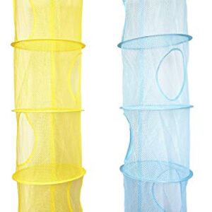 Goldenvalueable Hanging Mesh Space Saver Bags Organizer 4 Compartments Toy Storage Basket for Kids Room organization mesh hanging bag 2 Pcs Set, Blue and Yellow