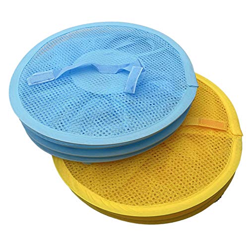 Goldenvalueable Hanging Mesh Space Saver Bags Organizer 4 Compartments Toy Storage Basket for Kids Room organization mesh hanging bag 2 Pcs Set, Blue and Yellow