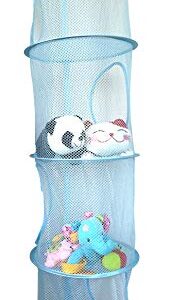 Goldenvalueable Hanging Mesh Space Saver Bags Organizer 4 Compartments Toy Storage Basket for Kids Room organization mesh hanging bag 2 Pcs Set, Blue and Yellow
