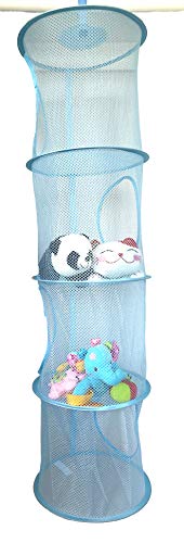 Goldenvalueable Hanging Mesh Space Saver Bags Organizer 4 Compartments Toy Storage Basket for Kids Room organization mesh hanging bag 2 Pcs Set, Blue and Yellow