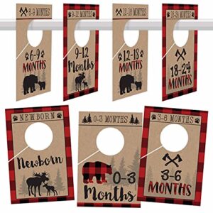 7 lumberjack baby nursery closet organizer dividers for boy clothing, age size hanger organization for kid toddler infant newborn clothes must have, shower registry gift supplies, woodland 0-24 months