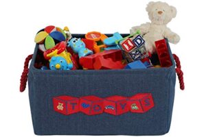 toy storage basket bin for organizing baby, kids, dog toys, children books. denim canvas box organizer w/attractive red patch for playroom, nursery …