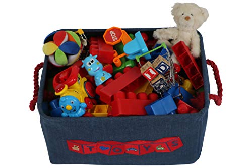 Toy Storage Basket Bin for Organizing Baby, Kids, Dog Toys, Children Books. Denim Canvas Box Organizer w/Attractive Red Patch for Playroom, Nursery …