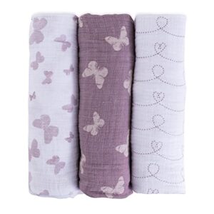 ely's & co. muslin swaddle blanket 100% soft muslin cotton 3 pack 47"x 47" (lavender butterfly)