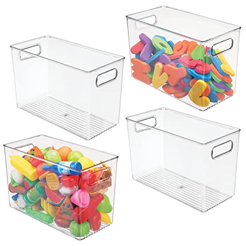 mDesign Plastic Storage Organizer Bin for Household Organization in Cabinets, Closets, or Inside Any Cubby Storage Organizer, Holds Craft Supplies, Linens, or Toys, Ligne Collection, 4 Pack, Clear