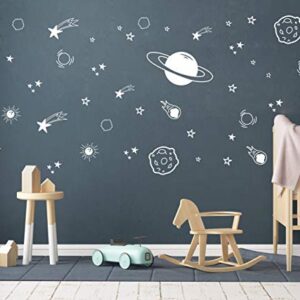 Planet Wall Decal, Boys Room Decor, Outer Space Wall Decals, Star Wall Stickers, Vinyl Wall Decals for Children Baby Kids Boys Bedroom, Nursery Decor Y04 (White)