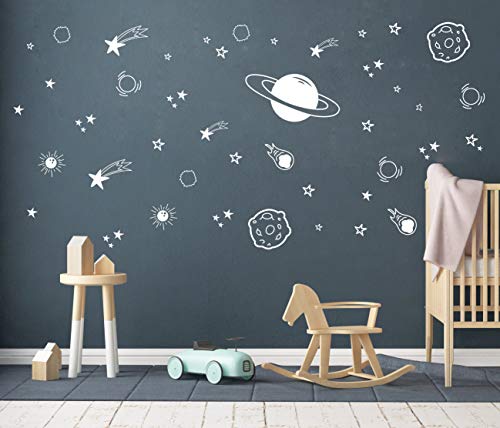 Planet Wall Decal, Boys Room Decor, Outer Space Wall Decals, Star Wall Stickers, Vinyl Wall Decals for Children Baby Kids Boys Bedroom, Nursery Decor Y04 (White)