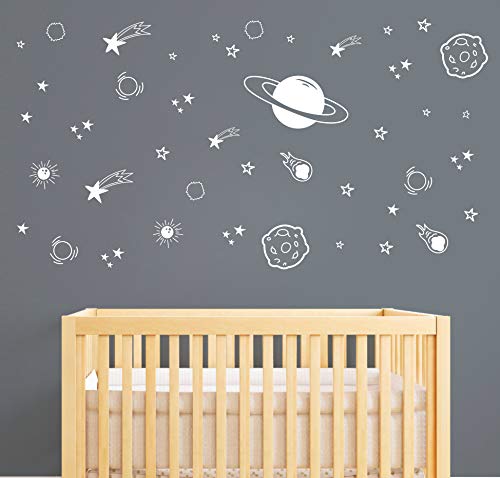 Planet Wall Decal, Boys Room Decor, Outer Space Wall Decals, Star Wall Stickers, Vinyl Wall Decals for Children Baby Kids Boys Bedroom, Nursery Decor Y04 (White)