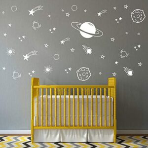 Planet Wall Decal, Boys Room Decor, Outer Space Wall Decals, Star Wall Stickers, Vinyl Wall Decals for Children Baby Kids Boys Bedroom, Nursery Decor Y04 (White)