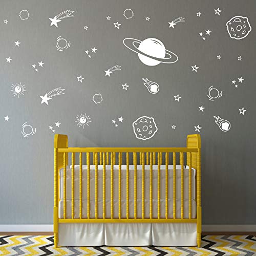 Planet Wall Decal, Boys Room Decor, Outer Space Wall Decals, Star Wall Stickers, Vinyl Wall Decals for Children Baby Kids Boys Bedroom, Nursery Decor Y04 (White)