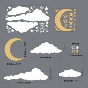 Moon, Stars and Clouds Wall Decals, Kids Wall Decoration, Nursery Wall Decal, Wall Decal for Nursery, Vinyl Wall Stickers for Children Baby Kids Boys Girls Bedroom Y08 (White,Gold)