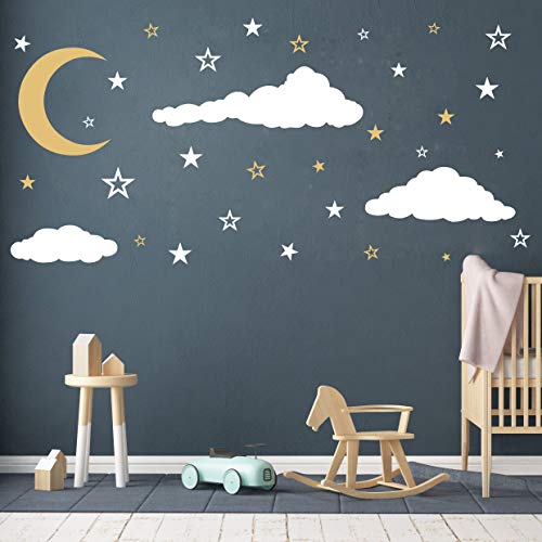 Moon, Stars and Clouds Wall Decals, Kids Wall Decoration, Nursery Wall Decal, Wall Decal for Nursery, Vinyl Wall Stickers for Children Baby Kids Boys Girls Bedroom Y08 (White,Gold)