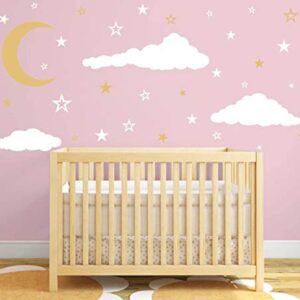 Moon, Stars and Clouds Wall Decals, Kids Wall Decoration, Nursery Wall Decal, Wall Decal for Nursery, Vinyl Wall Stickers for Children Baby Kids Boys Girls Bedroom Y08 (White,Gold)