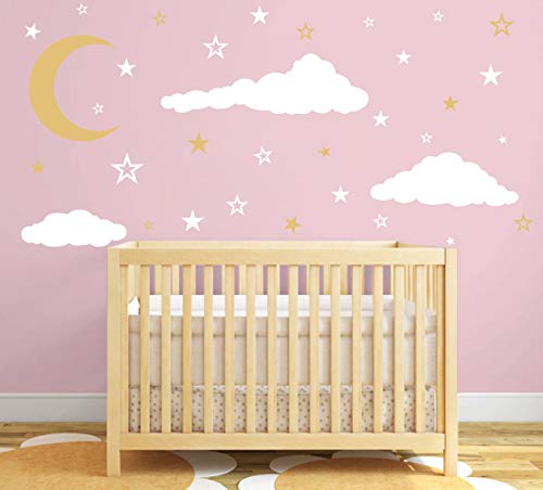 Moon, Stars and Clouds Wall Decals, Kids Wall Decoration, Nursery Wall Decal, Wall Decal for Nursery, Vinyl Wall Stickers for Children Baby Kids Boys Girls Bedroom Y08 (White,Gold)