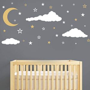 Moon, Stars and Clouds Wall Decals, Kids Wall Decoration, Nursery Wall Decal, Wall Decal for Nursery, Vinyl Wall Stickers for Children Baby Kids Boys Girls Bedroom Y08 (White,Gold)