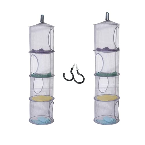 2 Pcs 4 Tier Foldable Hanging Mesh Storage Basket with 2 Hooks,43.5 x12” Space Saving Toy Organizer 4 Compartments Organizer for Corner Organizer Storage Net,Bathroom Balcony Wardrobe,Travel,Gray