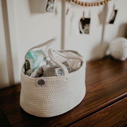 Parker Baby Rope Diaper Caddy Organizer - Nursery Storage Bin and Car Organizer for Diapers and Baby Wipes - Diaper Organizer for Baby Essentials - White