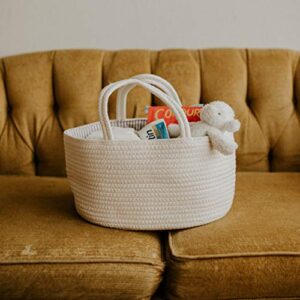 Parker Baby Rope Diaper Caddy Organizer - Nursery Storage Bin and Car Organizer for Diapers and Baby Wipes - Diaper Organizer for Baby Essentials - White