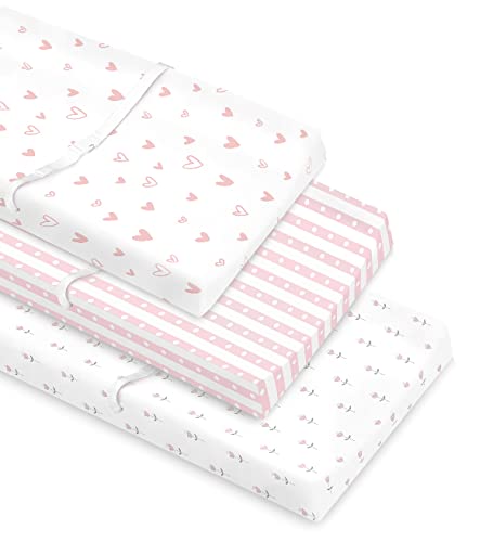 Cambria Baby 100% Organic Cotton Changing Pad Covers or Cradle Sheets with Reinforced Safety Strap Holes. Soft, Pre-Shrunk, and Machine Washable. Girl 3 Pk