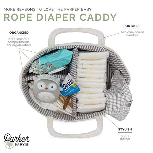 Parker Baby Rope Diaper Caddy Organizer - Nursery Storage Bin and Car Organizer for Diapers and Baby Wipes - Diaper Organizer for Baby Essentials - White