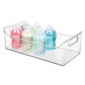 mdesign portable nursery storage plastic baby organizer storage caddy bin w/handles for kids/child essentials - holds diapers, wipes, bottles, baby food, snacks - 16" long - ligne collection - clear