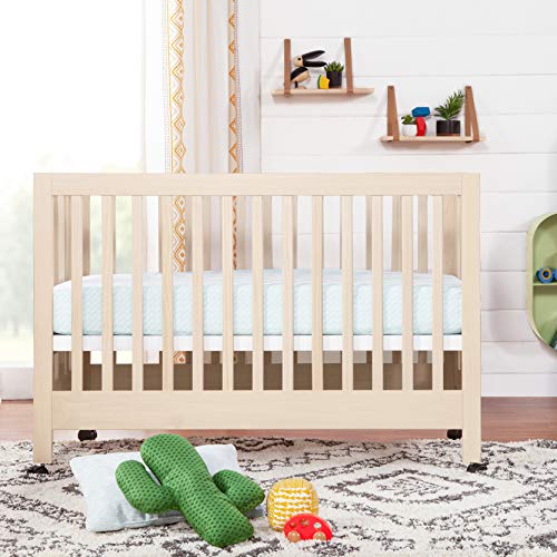 Babyletto Maki Full-Size 2-in-1 Portable Folding Crib with Toddler Bed Conversion Kit in Washed Natural, Greenguard Gold Certified