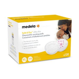 medela safe & dry ultra thin disposable nursing pads, 120 count breast pads for breastfeeding, leakproof design, slender and contoured for optimal fit and discretion