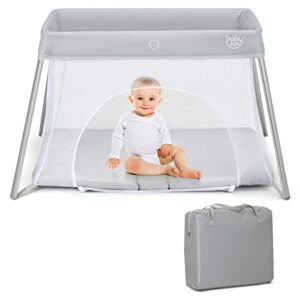 baby joy 2 in 1 travel crib with side zipper, portable pack and play with soft washable mattress, lightweight installation-free home playard with carry bag, for infants & toddlers (silver)