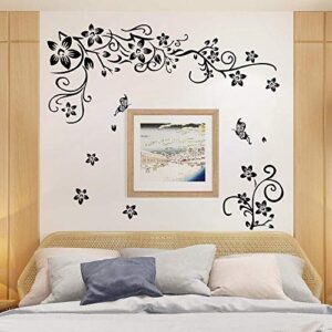 LiveGallery Removable Black Vinyl Flowers Wall Decals DIY Flower Vines and Butterfly Wall Stickers Decor Peel Stick Art Decoration for Teens Room Baby Girls Bedroom Living Room Home Wall Corner