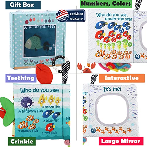 Soft Cloth Crinkle Books Touch Feel Baby Books 0-6 Months for Babies,Infants,Toddlers,Baby Boy Girl Toys 0-3 Months 6 to 12 Months 1-3 Years Old Shower Gifts Box, Sensory Toy Fish Octopus,Teether Ring