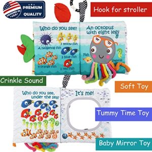 Soft Cloth Crinkle Books Touch Feel Baby Books 0-6 Months for Babies,Infants,Toddlers,Baby Boy Girl Toys 0-3 Months 6 to 12 Months 1-3 Years Old Shower Gifts Box, Sensory Toy Fish Octopus,Teether Ring